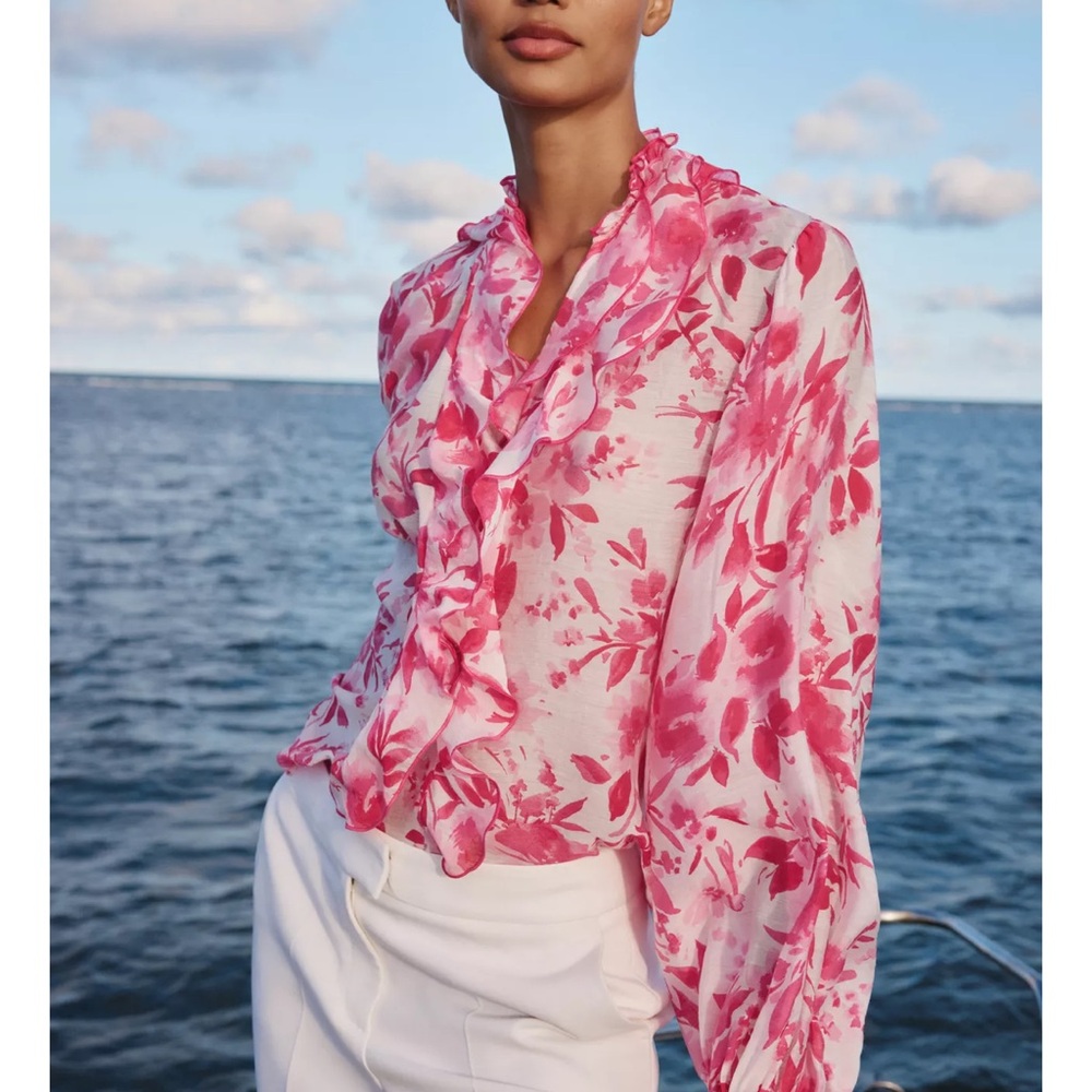Zara Pink Floral Ruffle Blouse